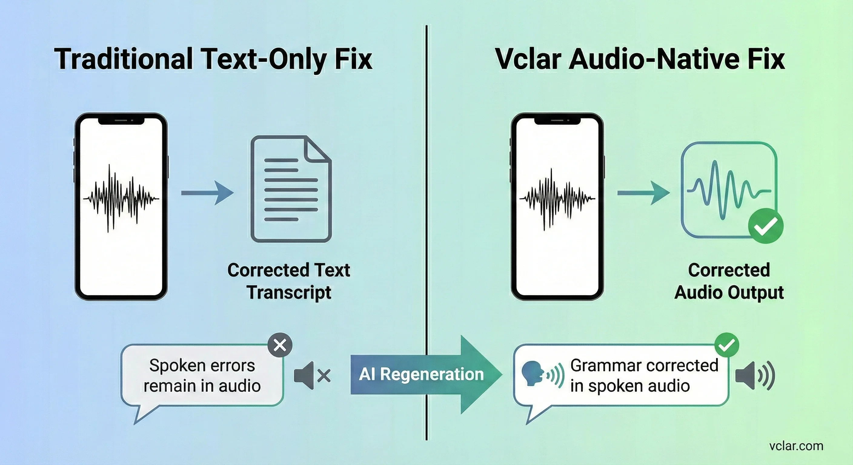Comparison of VClar’s audio-native fix to check grammar in voice recording versus traditional text-only tools.