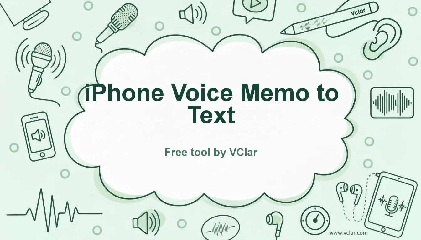 iPhone audio recording to Text image showing M4A upload for VClar transcription.