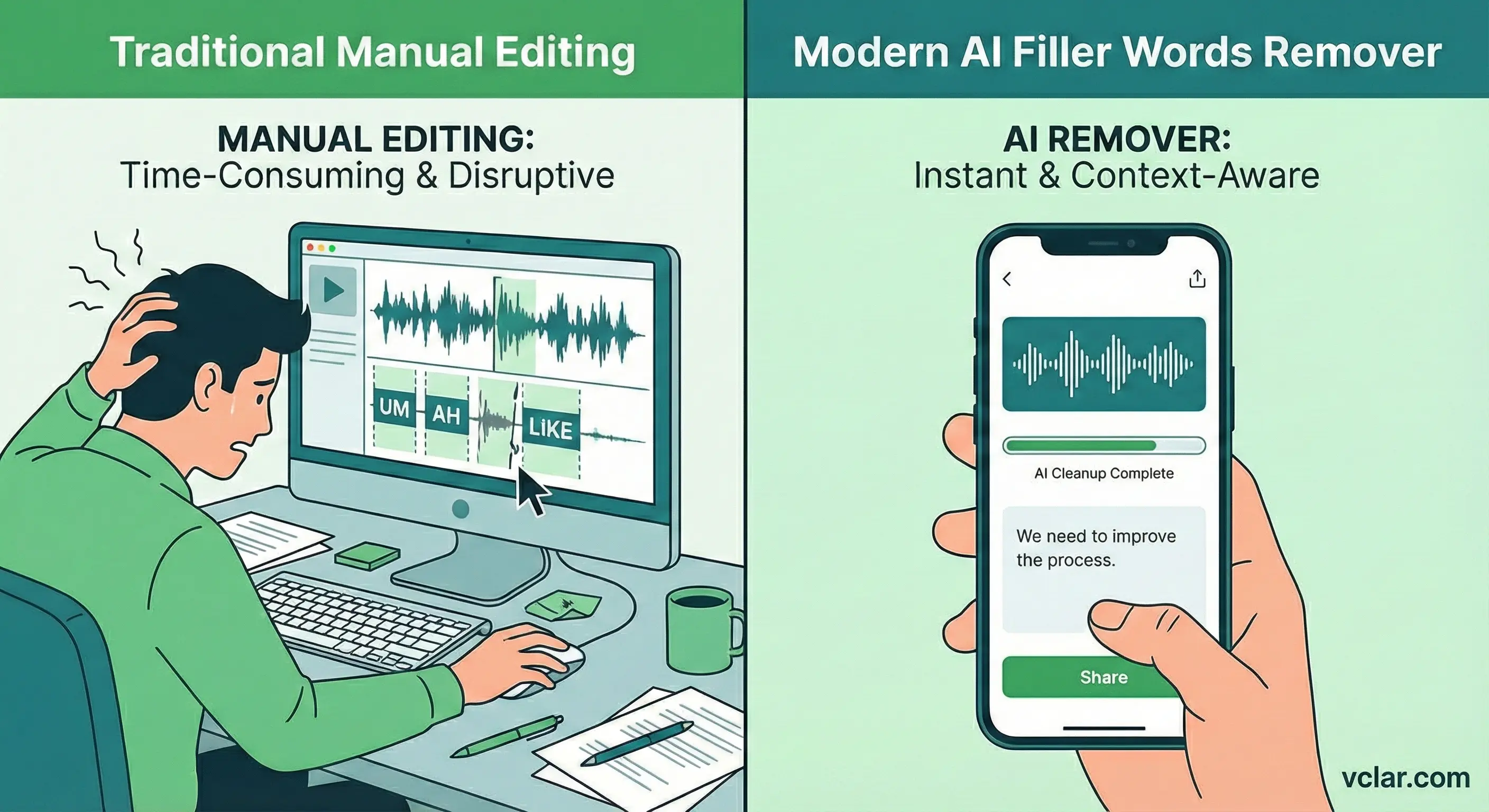 Infographic contrasting stressful manual audio editing on a PC with the instant VClar AI filler words remover on a phone.