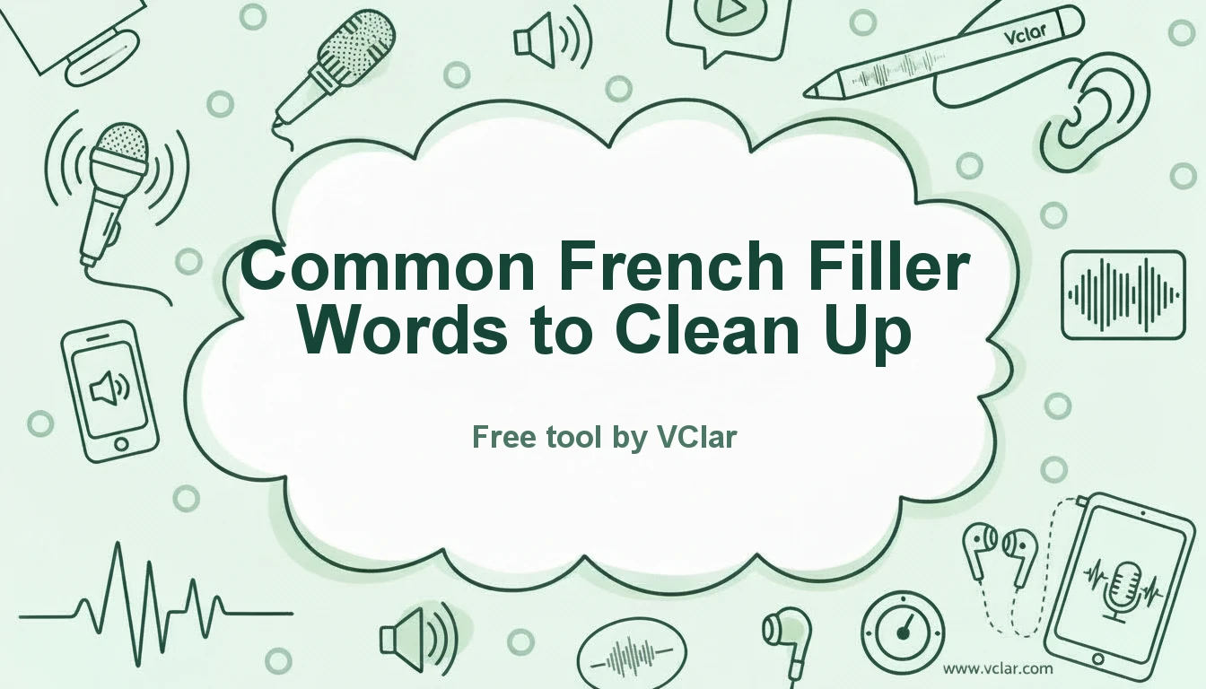 Diagram of common French filler words like euh, ben, du coup, en fait being reduced in a voice message