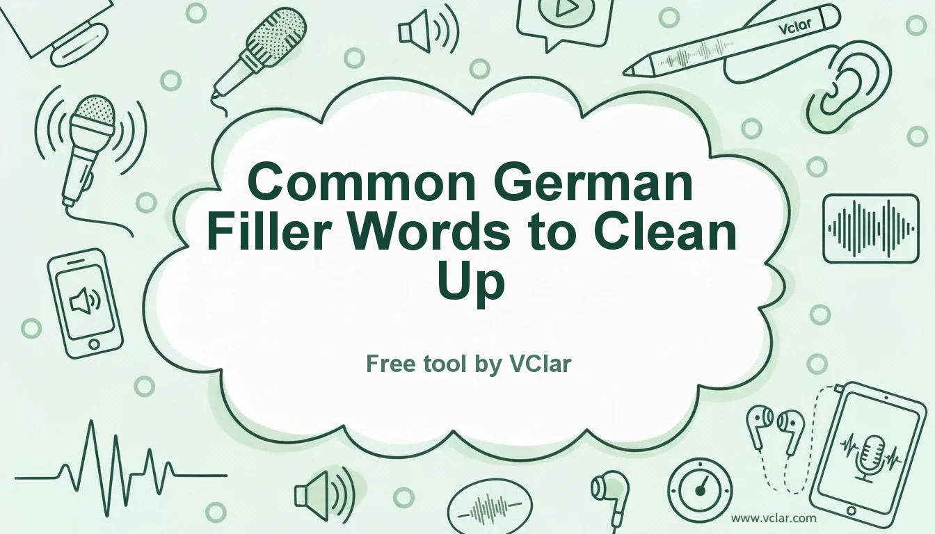 Diagram of common German filler words like ähm, also, genau, and sozusagen being reduced in a voice message