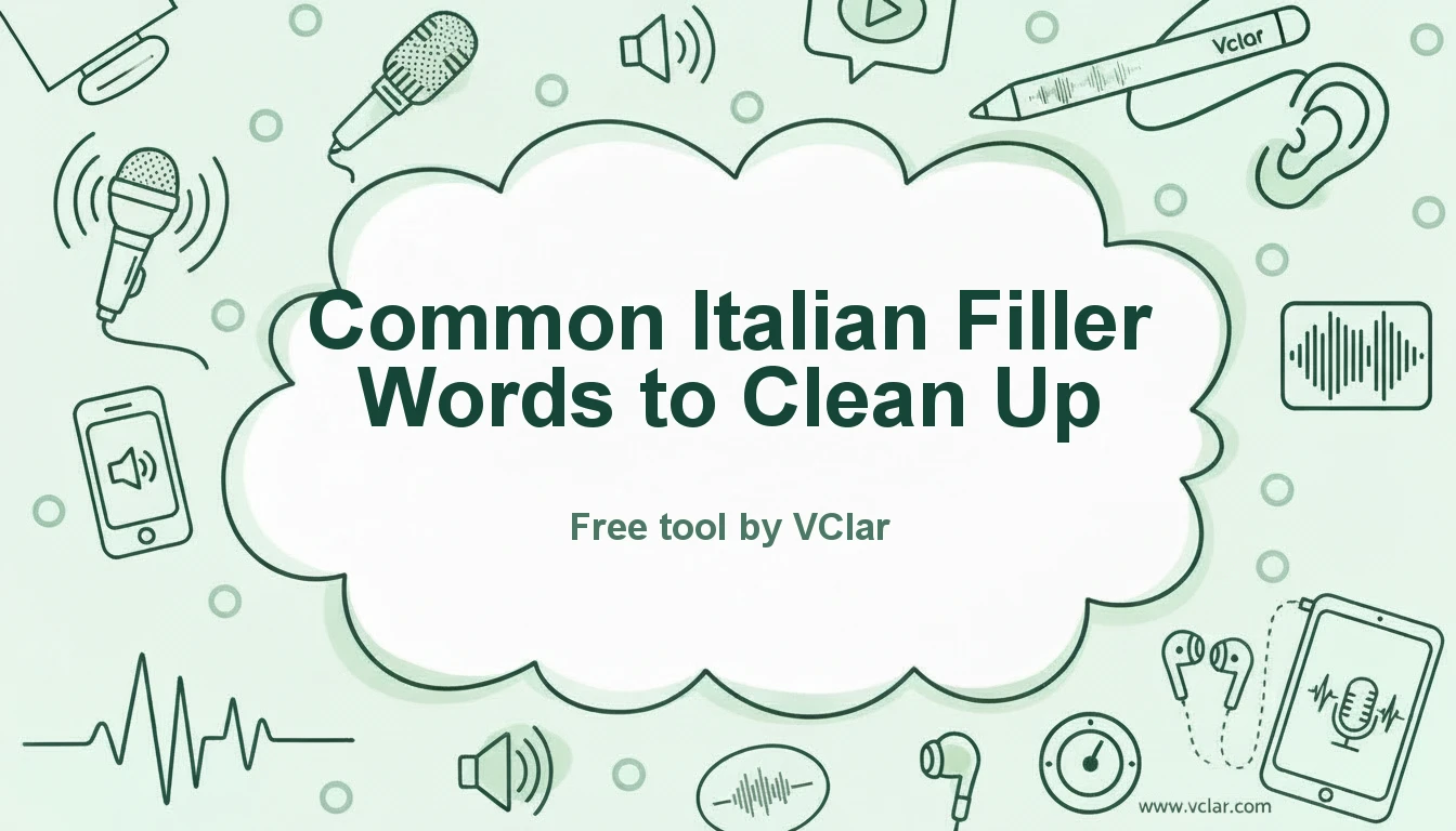 Diagram of common Italian filler words like eh, allora, cioè, and diciamo being reduced in a voice message
