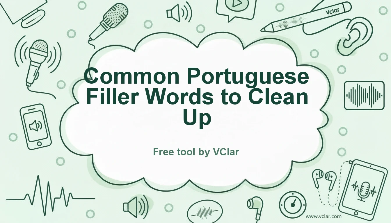 Diagram of common Portuguese filler words like é, tipo, né, and então being reduced in a voice message